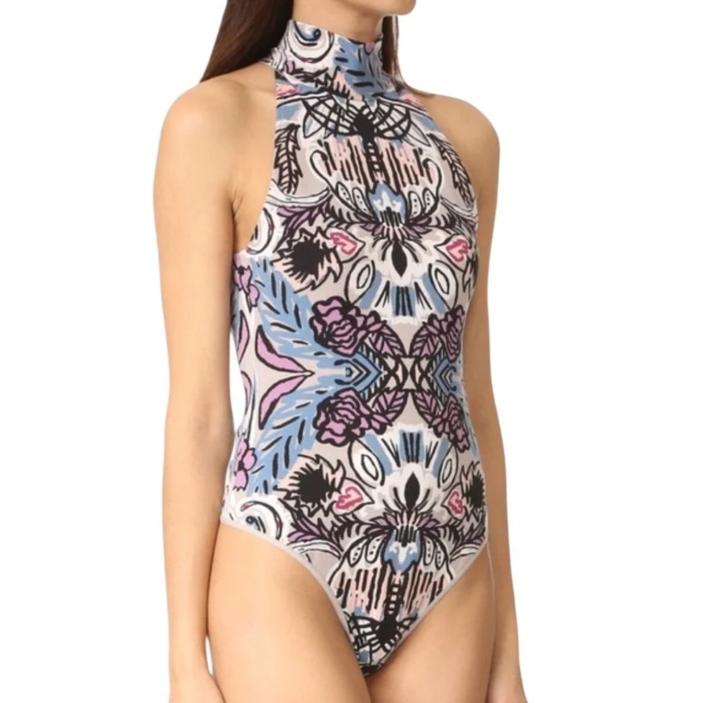 Free People Tucker Printed Bodysuit Sleeveless Halter Neck Top xs‎ euc